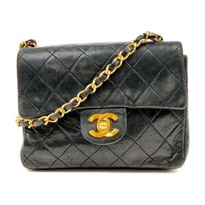 Chanel  Mini Square Flap Matelasse  Black Lamb Leather Shoulder Bag